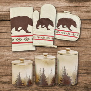 HiEnd Accents Aztec Bear Print & Clearwater Pines Set LF1904K1 Cream, Brown Ceramic canisters; 100% cotton tea towels; 100% cotton facing, 100% polyester filling oven mitts and pot holders 