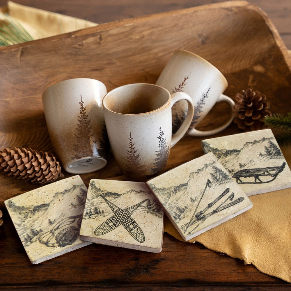 HiEnd Accents Clearwater Mug & Vintage Ski Coaster Set LF1904K2 Multi Color Mug: Ceramic; Coaster: Natural Travertine stone with cork backing 