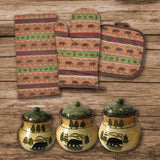 HiEnd Accents Aztec Multi Animal Print & Rustic Bear Canister Set LF1905K1 Brown, Green, Tan Ceramic canisters; 100% cotton tea towels; 100% cotton facing, 100% polyester filling oven mitts and pot holders 