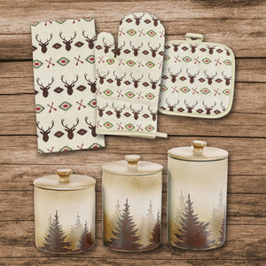 HiEnd Accents Aztec Multi Deer Print & Clearwater Pines Set LF1906K1 Cream, Brown Ceramic canisters; 100% cotton tea towels; 100% cotton facing, 100% polyester filling oven mitts and pot holders 