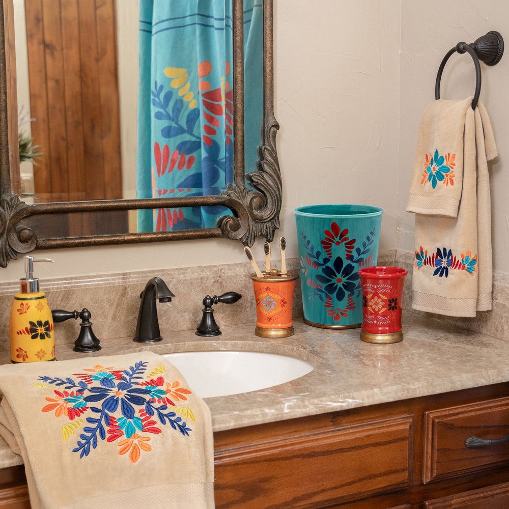 HiEnd Accents Bonita Bathroom Lifestyle Set LF1937B1  Shower Curtain: 100% Polyester; Towel Set: 95% cotton/5% polyester; Bath Accessory Set: Polyresin ; Bath Rug: 100% acrylic, latex backing 