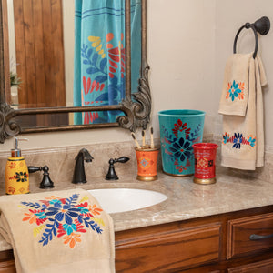 HiEnd Accents Bonita Bathroom Lifestyle Set LF1937B1  Shower Curtain: 100% Polyester; Towel Set: 95% cotton/5% polyester; Bath Accessory Set: Polyresin ; Bath Rug: 100% acrylic, latex backing 