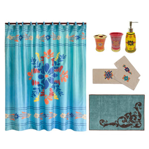 HiEnd Accents Bonita Bathroom Lifestyle Set LF1937B1  Shower Curtain: 100% Polyester; Towel Set: 95% cotton/5% polyester; Bath Accessory Set: Polyresin ; Bath Rug: 100% acrylic, latex backing 