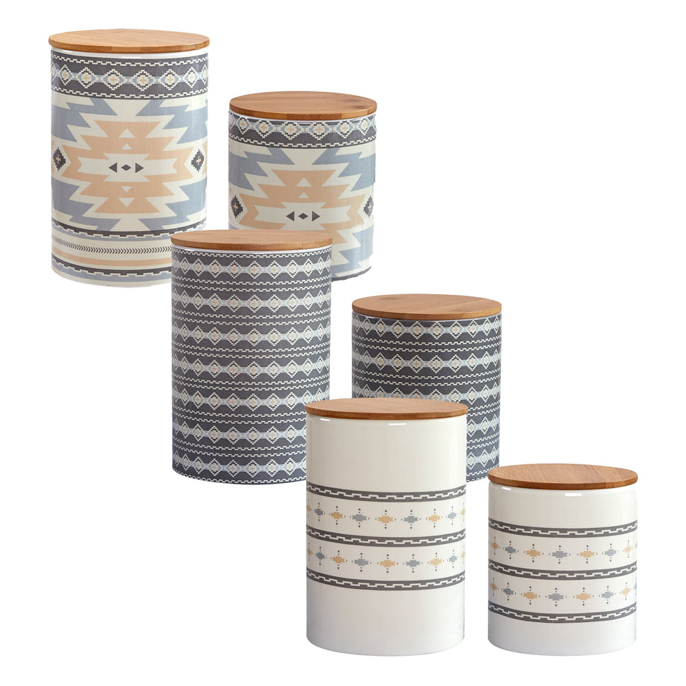 HiEnd Accents Desert Sage and Aztec Design Canister Set LF1939K1 White, Gray Ceramic canisters with Bamboo lids 