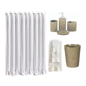 HiEnd Accents Lily Bathroom Lifestyle Set LF1947-OS-WH White Shower Curtain: 100% polyester; Bathroom Set: 100% Ceramic; Towel Set: 95% cotton, 5% polyester; Wastebasket: Ceramic 72x72