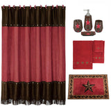 HiEnd Accents Red Star Bathroom Lifestyle Set LF2010B1-OS-RD  Materials: Shower Curtain 100% Polyester; Towel Set: 100% Cotton; Bath Accessory Set: Resin; Bath Rug: 100% acrylic, latex backing. 