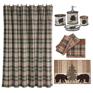 HiEnd Accents Birch Pinecone Bathroom Lifestyle Set LF3100B1  Shower Curtain: 65% polyester, 35% cotton; Bathroom Set: Resin; Towel Set: 100% cotton; Rug: 100% acrylic with anti-slip latex backing 