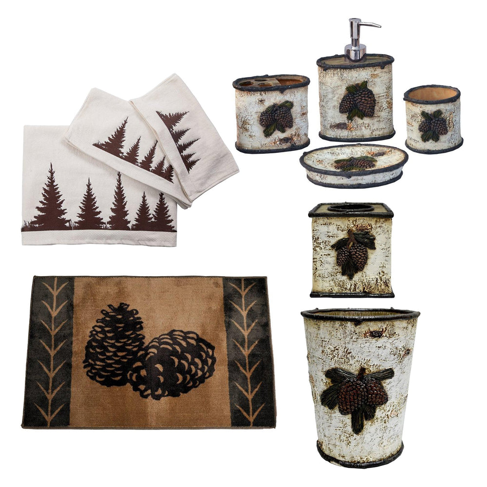 HiEnd Accents Birch Pinecone Bathroom Lifestyle Set LF3100B1  Shower Curtain: 65% polyester, 35% cotton; Bathroom Set: Resin; Towel Set: 100% cotton; Rug: 100% acrylic with anti-slip latex backing 