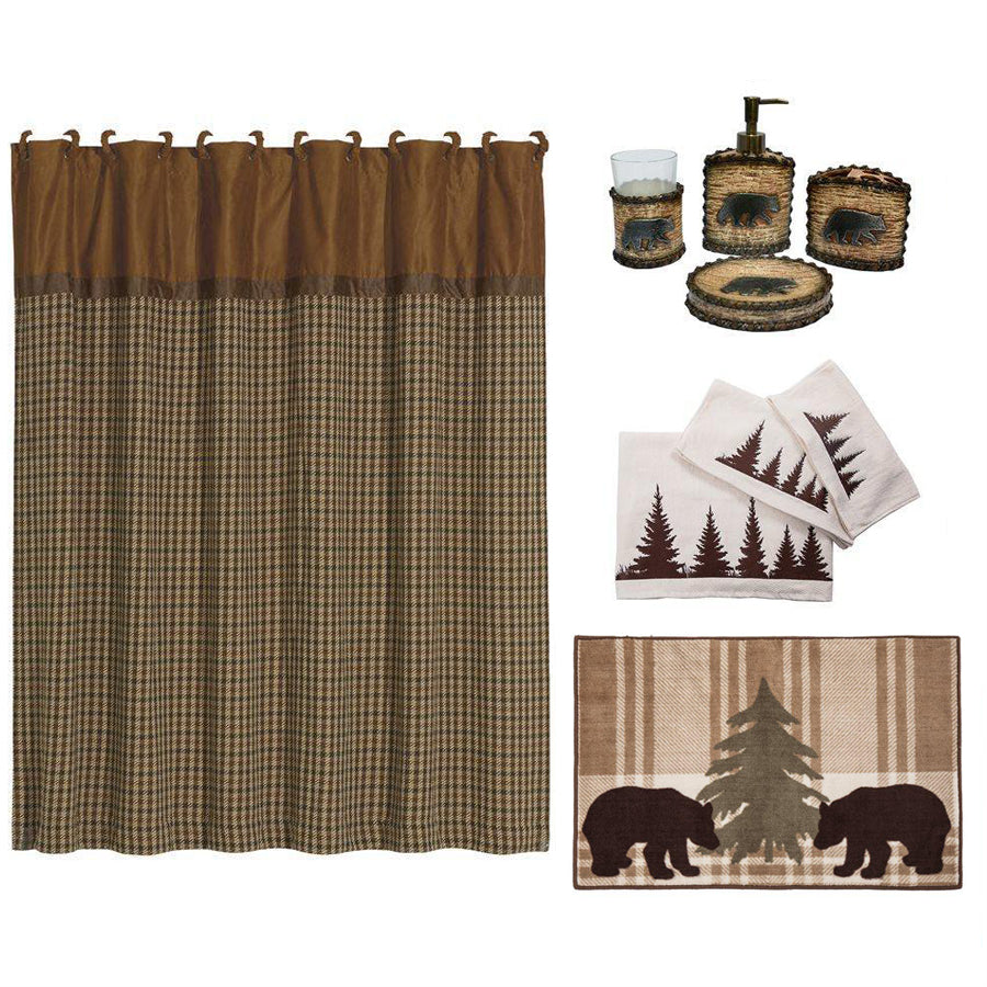 HiEnd Accents Lodge Bear Bathroom Lifestyle Set LF3110B1  Towel Set: 100% cotton; Washcloth: 95% cotton, 5% polyester; Countertop Bathroom Set and Wastebasket: Resin; Rug: 100% acrylic with anti-slip latex backing; Tissue Box Cover: Polyresin 