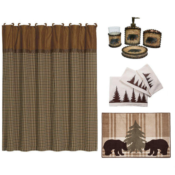HiEnd Accents Lodge Bear Bathroom Lifestyle Set LF3110B2  Materials: Shower Curtain 100% Polyester; Towel Set: 100% Cotton; Bath Accessory Set: Resin; Bath Rug: 100% acrylic, latex backing. 