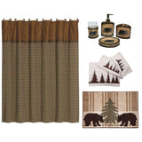 HiEnd Accents Lodge Bear Bathroom Lifestyle Set LF3110B2  Materials: Shower Curtain 100% Polyester; Towel Set: 100% Cotton; Bath Accessory Set: Resin; Bath Rug: 100% acrylic, latex backing. 