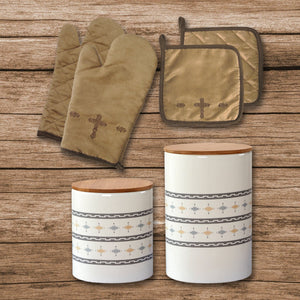 HiEnd Accents Cross Print & Small Aztec Design Canister Set LF3182K1 Dark Tan, White Ceramic canisters; 100% Cotton facing, 100% Polyester filling oven mitts and pot holders 