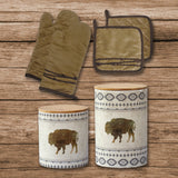 HiEnd Accents Barbwire Print & Free Spirit Canister Set LF3190K1 Dark Tan, Gray Ceramic canisters; 100% Cotton facing, 100% Polyester filling oven mitts and pot holders 