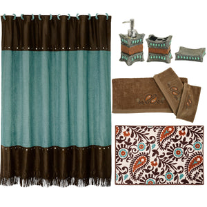 HiEnd Accents Cheyenne Western Bathroom Lifestyle Set LF4001  Materials:  Shower Curtain: 100% Polyester; Bath Accessory Set 100% Resin; Bath Towel Set: 95% Cotton, 5% Polyester; Bath Rug: 100% Premium Acrylic with a Latex Backing. 