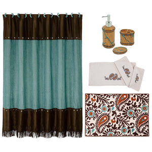 HiEnd Accents Turquoise Inlay Bathroom Lifestyle Set LF4002B2 Turquoise, Brown Materials:  Shower Curtain: 100% Polyester; Towel Set: 100% Polyester; Bath Accessories: 100% Resin; Bath Rug: 100% acrylic, latex backing. 