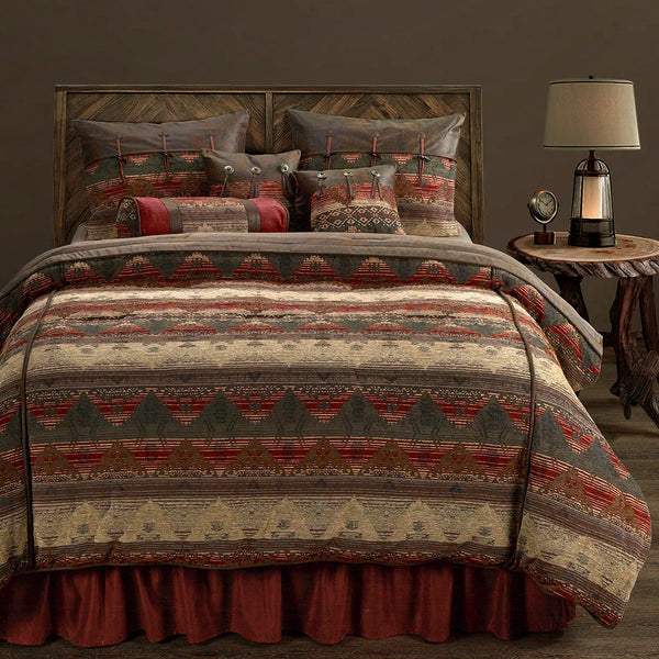 HiEnd Accents Sierra Comforter Set LG1830-SK-OC Multi Color Comforter - Face: 100% polyester; Back: 100% cotton; Fill: 100% polyester. Bed Skirt - 100% polyester. Pillow Sham - 100% polyester. Decorative Pillow - Shell: 100% polyester; Fill: 100% polyester. 90x110x3