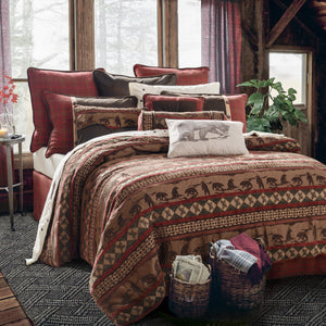 HiEnd Accents Cascade Lodge Comforter Set LG1845-FL-OC Brown, Red Comforter: Face: 100% Polyester. Back: 100% Cotton. Filling: 100% Polyester; BedSkirt: Skirt: 100% Cotton, Decking: 100% Polyester; Standard Sham: 100% Polyester(2pc); Dec Pillow: Shell: 90% Polyester,10% Cotton. Filling: 100% Polyester. 90x80x3