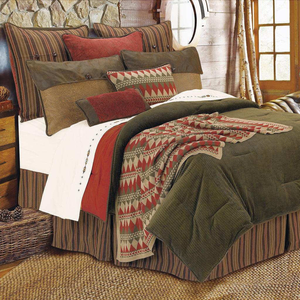 HiEnd Accents Wilderness Ridge Comforter Set LG1849-FL-OC Olive, Brown, Red Comforter - Face: 100% polyester; Back: 100% cotton; Fill: 100% polyester. Bed Skirt - Skirt: 100% polyester; Decking: 100% polyester. Pillow Sham - 100% polyester. Knit Pillow - Shell: 100% polyester; Fill: 100% polyester. Accent Pillow - Shell: 100% ac 80x90x3