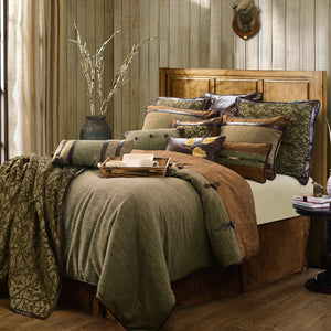HiEnd Accents Highland Lodge Comforter Set LG1860-SK-OC Brown Comforter - Face: 100% polyester; Back: 100% cotton; Fill: 100% polyester. Bed Skirt - Skirt: 100% polyester; Decking: 100% polyester. Pillow Sham - 100% polyester. Accent Pillow - Shell: 100% polyester; Fill: 100% polyester. 110X96X3
