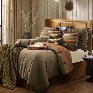 HiEnd Accents Highland Lodge Comforter Set LG1860-SQ-OC Brown Comforter - Face: 100% polyester; Back: 100% cotton; Fill: 100% polyester. Bed Skirt - Skirt: 100% polyester; Decking: 100% polyester. Pillow Sham - 100% polyester. Accent Pillow - Shell: 100% polyester; Fill: 100% polyester. 92X96X3
