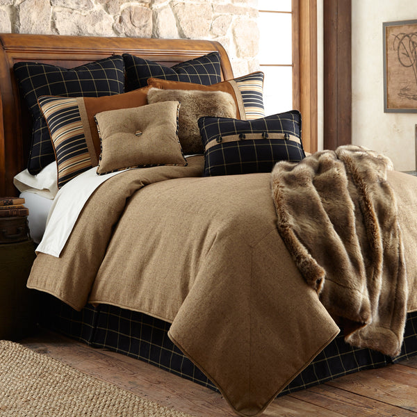 HiEnd Accents Ashbury Comforter Set LG1890-SQ-OC Tan, Black Comforter - Face: 70% polyester, 30% cotton; Back: 100% cotton. Bed Skirt - Skirt: 65% polyester, 35% cotton; Decking: 100% polyester. Pillow Sham - 90% polyester, 10% cotton. Accent Pillow - Shell: 65% polyester, 35% cotton; Fill: 100% polyester. 92x96x3
