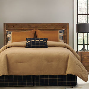 HiEnd Accents Ashbury Comforter Set LG1890-TW-OC Tan, Black Comforter - Face: 70% polyester, 30% cotton; Back: 100% cotton. Bed Skirt - Skirt: 65% polyester, 35% cotton; Decking: 100% polyester. Pillow Sham - 90% polyester, 10% cotton. Accent Pillow - Shell: 65% polyester, 35% cotton; Fill: 100% polyester. 68x88x3