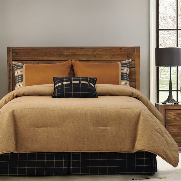 HiEnd Accents Ashbury Comforter Set LG1890-TW-OC Tan, Black Comforter - Face: 70% polyester, 30% cotton; Back: 100% cotton. Bed Skirt - Skirt: 65% polyester, 35% cotton; Decking: 100% polyester. Pillow Sham - 90% polyester, 10% cotton. Accent Pillow - Shell: 65% polyester, 35% cotton; Fill: 100% polyester. 68x88x3