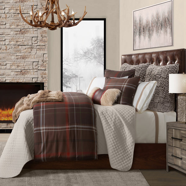 HiEnd Accents Jackson Plaid Comforter Set LG1932-SK-OC Brown, Red Comforter: Face: 35% Cotton, 65% Polyester. Back: 100% Cotton. Filling: 100% Polyester. Pillow Sham: 80% Polyester, 20% Cotton 110x96x3