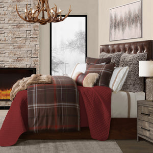 HiEnd Accents Jackson Plaid Comforter Set LG1932-TW-OC Brown, Red Comforter: Face: 35% Cotton, 65% Polyester. Back: 100% Cotton. Filling: 100% Polyester. Pillow Sham: 80% Polyester, 20% Cotton 68x88x3