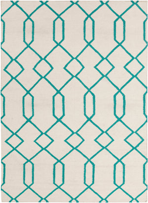 Chandra Rugs Lima 100% Wool Hand-Woven Flatweave Reversible Wool/Cotton Rug White/Teal 7' x 10'