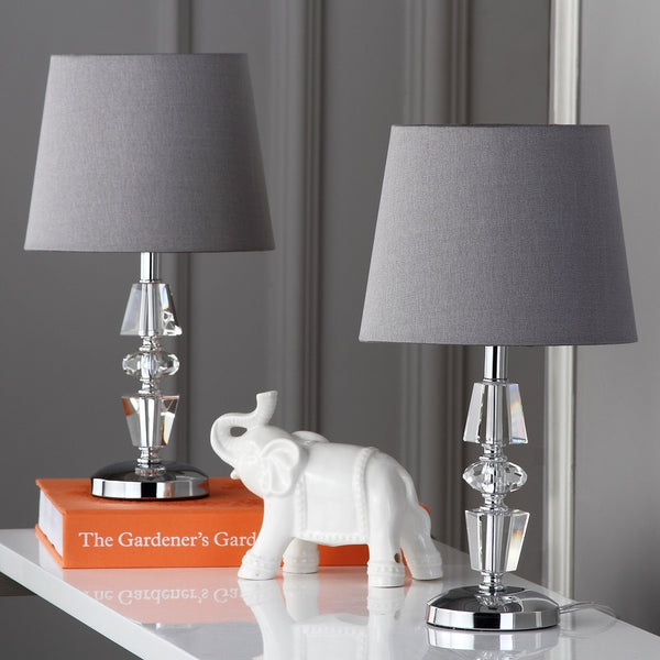 Crescendo 16-Inch Tiered Crystal Lamp Set of 2 - Art Deco Elegance with Chic Grey Barrel Shades