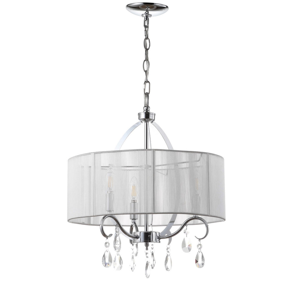 New Vienna Chandelier - Elegant White Chiffon Drum Shade with Chrome Arms & Crystal Accents