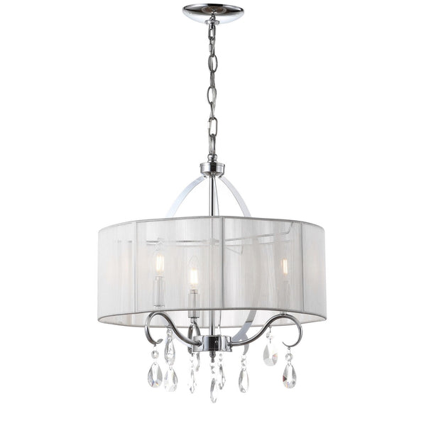 New Vienna Chandelier - Elegant White Chiffon Drum Shade with Chrome Arms & Crystal Accents