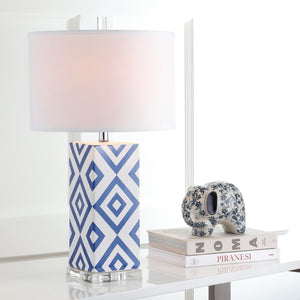 Diamonds 27-Inch Table Lamp with Graphic Ceramic Design and Elegant Off-White Cotton Shade