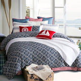 HiEnd Accents St. Clair Bedding Set LK1682-SK-OC Navy, White, Red Comforter: Face: 100% Cotton. Back: 100% Polyester; BedSkirt: Skirt: 100% Cotton. Decking: 100% Polyester; King Sham: 95% Cottin, 5% Polyester(2pc); 110x92x3