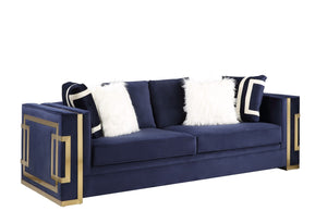 Virrux Contemporary Sofa with 6Pillows Blue Velvet($18 RMB/m), Gold Finish LV00293-ACME