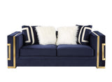 Virrux Contemporary Loveseat with 4Pillows Blue Velvet($18 RMB/m), Gold Finish LV00294-ACME