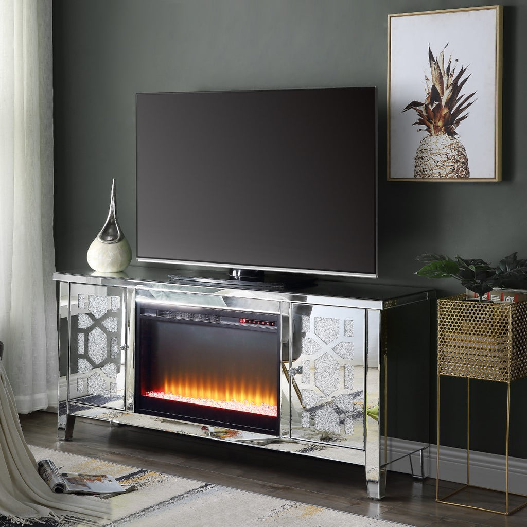 Noralie Glam TV Stand with Fireplace Mirrored & Faux Diamonds LV00312-ACME