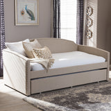 Baxton Studio Lanny Modern and Contemporary Beige Linen Fabric Nail Heads Trimmed Arched Back Sofa Twin Daybed with Roll-Out Trundle Guest Bed
