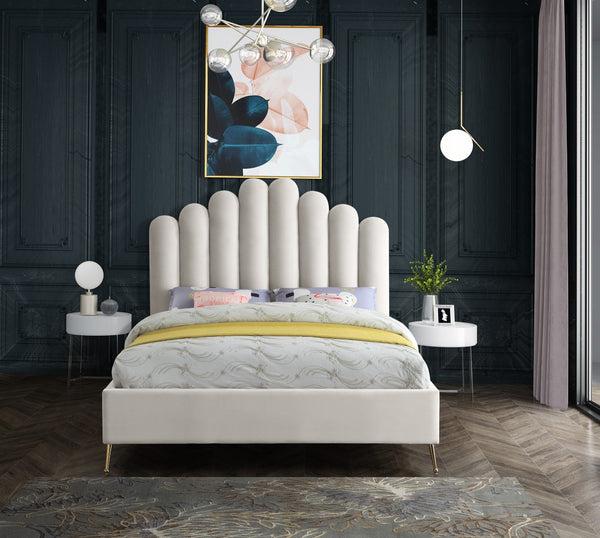 Lily Velvet / Engineered Wood / Steel Contemporary Cream Velvet Queen Bed - 65" W x 87.5" D x 59.5" H