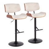 Lombardi Mid-Century Modern Adjustable Barstool with Swivel in Black Metal, Cream Noise Fabric and Walnut Wood Accent by LumiSource - Set of 2