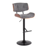 Lombardi Mid-Century Modern Barstool in Black Metal and Grey Noise Fabric with Walnut Wood Accent by LumiSource