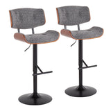 Lombardi Mid-Century Modern Adjustable Barstool with Swivel in Black Metal, Grey Noise Fabric and Walnut Wood Accent by LumiSource - Set of 2