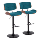 Lombardi Mid-Century Modern Adjustable Barstool with Swivel in Black Metal, Teal Noise Fabric and Walnut Wood Accent by LumiSource - Set of 2