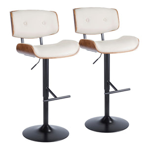 Lombardi Mid-Century Modern Adjustable Barstool with Swivel in Walnut with Cream Faux Leather by LumiSource - Set of 2