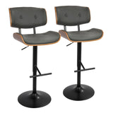 Lombardi Mid-Century Modern Adjustable Barstool with Swivel in Walnut with Grey Faux Leather by LumiSource - Set of 2