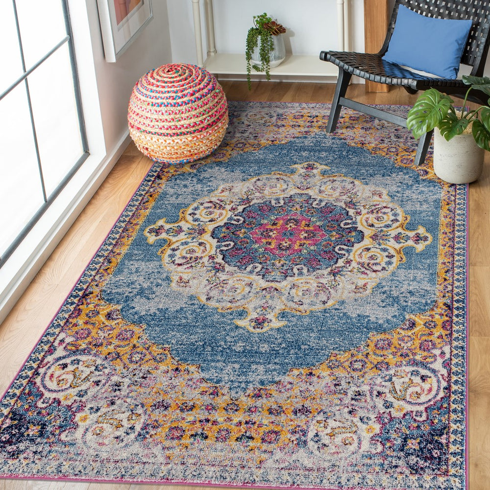 AMER Rugs Manhattan MAN-3 Power-Loomed Medallion Bohemian Area Rug Blue/Orange 7'9" x 11'