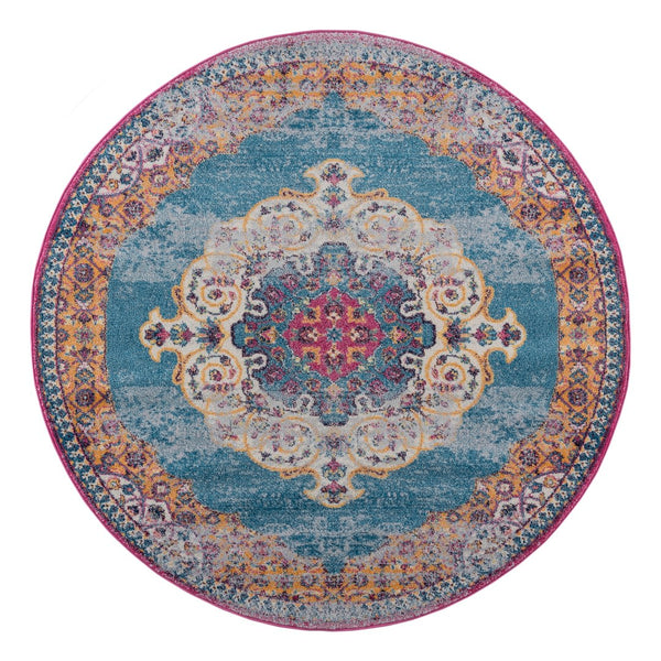 AMER Rugs Manhattan MAN-3 Power-Loomed Medallion Bohemian Area Rug Blue/Orange 6'6" x 6'6"R