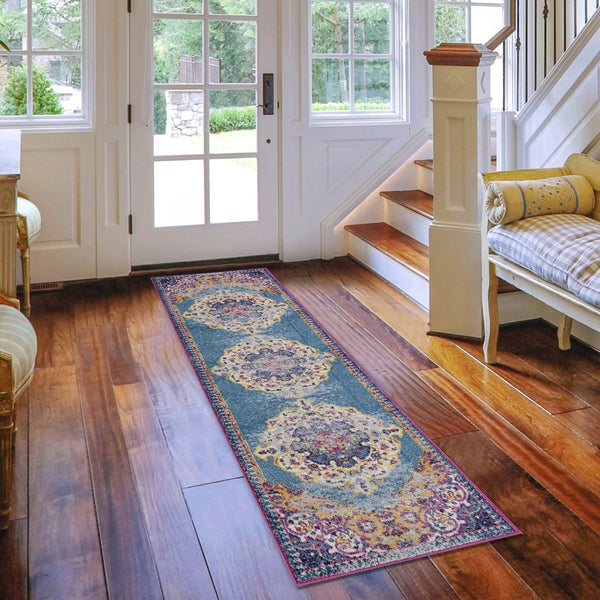 AMER Rugs Manhattan MAN-3 Power-Loomed Medallion Bohemian Area Rug Blue/Orange 2'6" x 7'6"