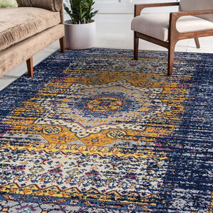 AMER Rugs Manhattan MAN-34 Power-Loomed Medallion Bohemian Area Rug Navy/Orange 7'9" x 11'